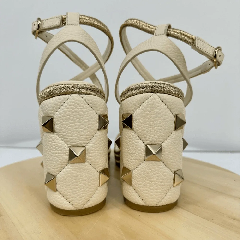 Valentino Garavani Roman Stud Wedge Espadrille Sandals Leather Cream EU 42 US 11